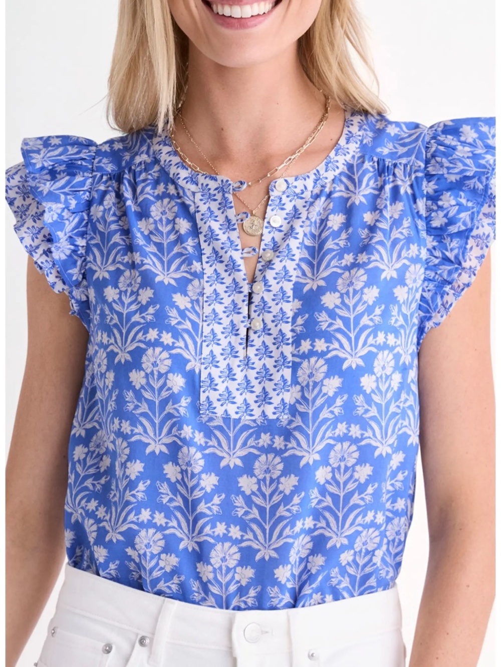 NWT Vineyard Vines Adare Cotton Blend Dobby Top in Blue Floral | Size Small